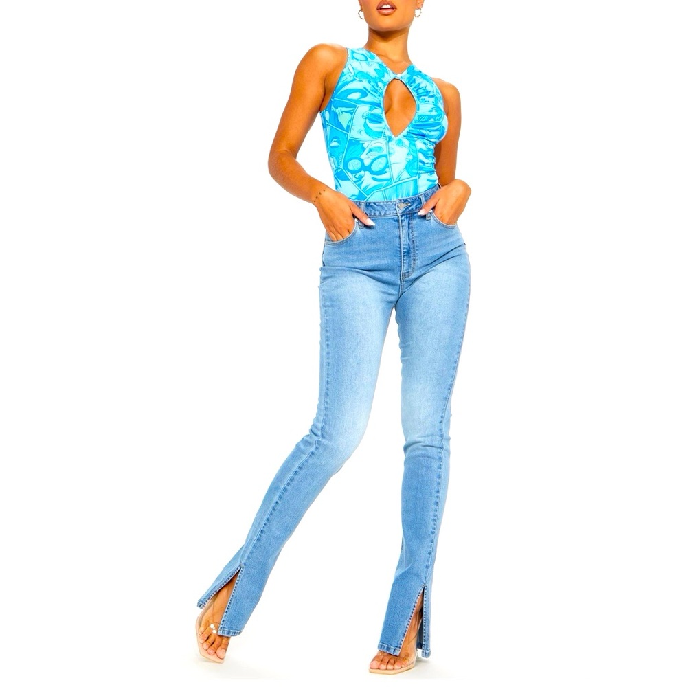 FASHION NOVA  I  Medium blue wash denim side split skinny jeans size 11